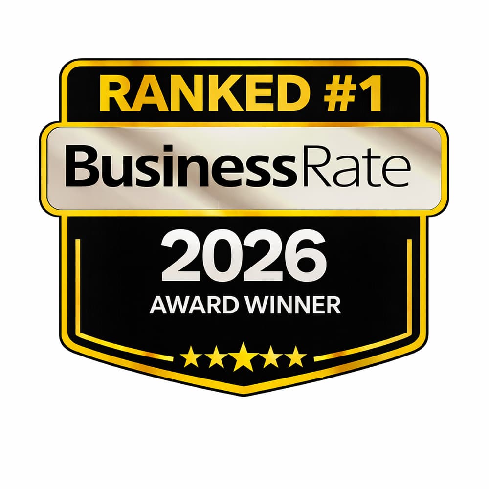 BusinessRate 2026 Award Winner badge ranked #1 with five-star rating.